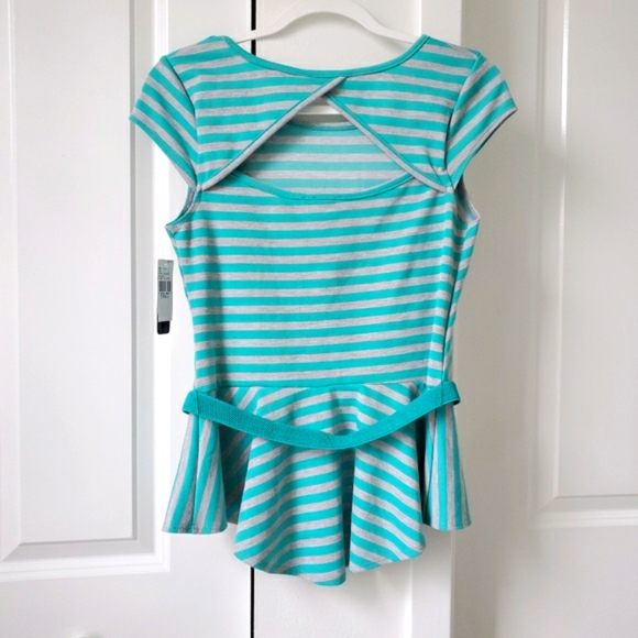 NWT BCX Teal Stripe Lines Blouse top with Belt Size Small - Picture 2 of 8